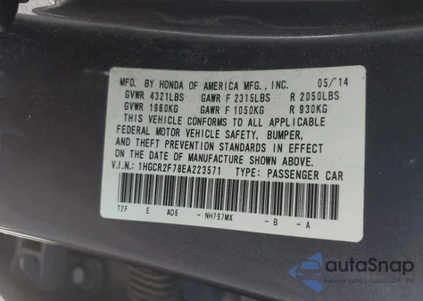 2014 Honda Accord Ex из США, поврежденный, VIN 1HGCR2F78EA223571